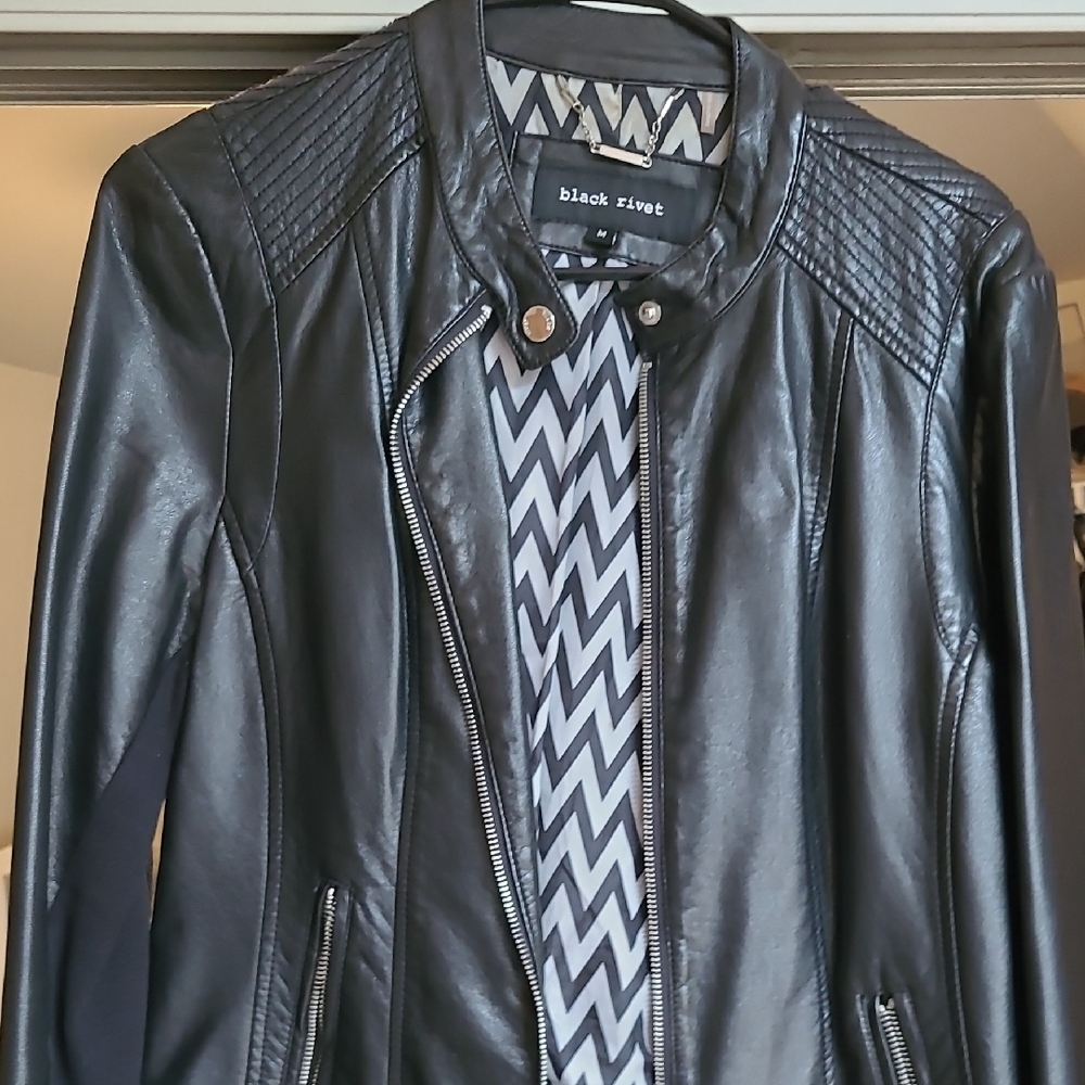 Black Rivet Leather Jacket with Quilted Shoulders